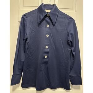 Vintage Lee Navy Button Front Shirt Long Sleeve Pointed Collar Women’s S 70’s